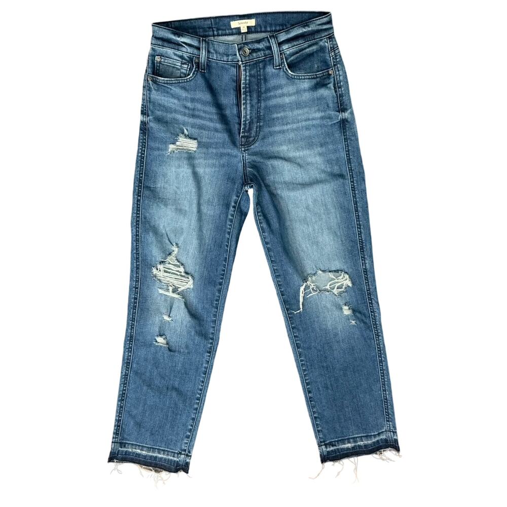 Splendid Girlfriend Jeans Light Blue Distressed Wash Dark Raw Hem Boho Size 28
